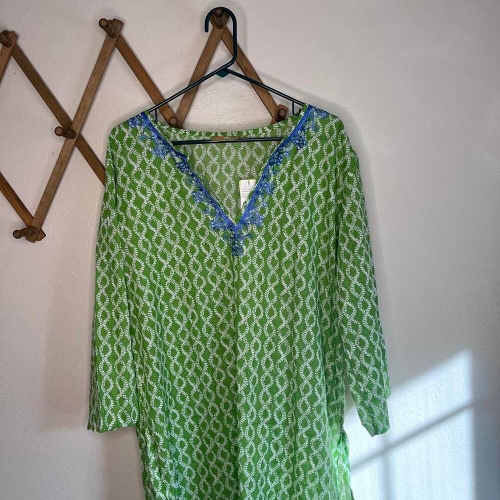 Deadstock Rock Flower Paper Green White Block Print Embroidered Tunic XL NWT